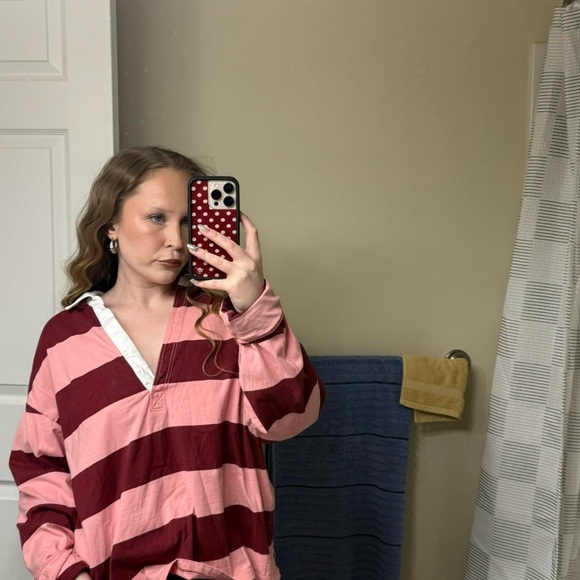 Anthropologie Pilcro Striped Cotton Pink White & Burgundy Rugby Polo Shirt Sz L - Picture 5 of 5